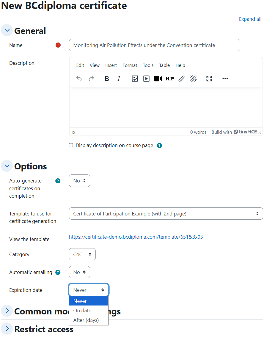 Screenshot of the Moodle plugin activity setup