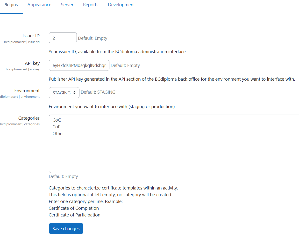 Screenshot of the Moodle plugin settings interface