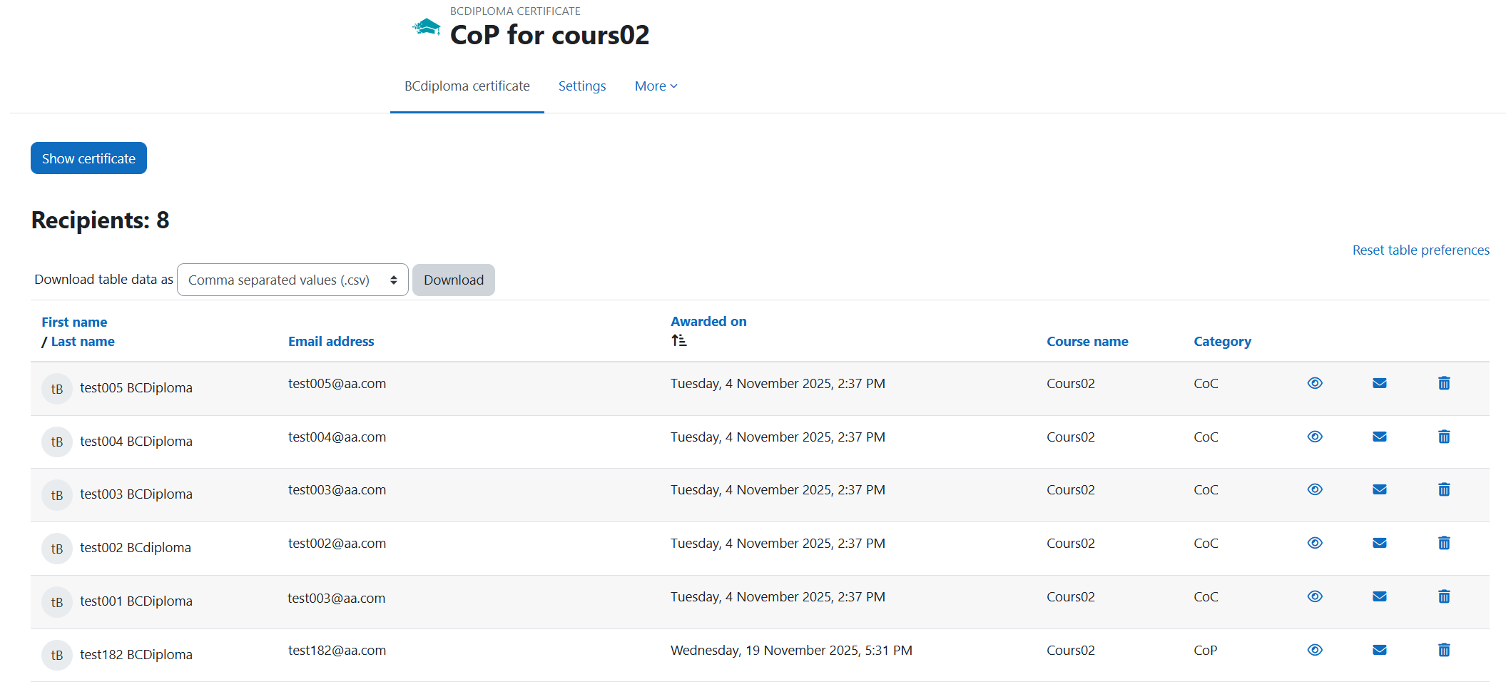 Screenshot of the teacher's certificate display interface