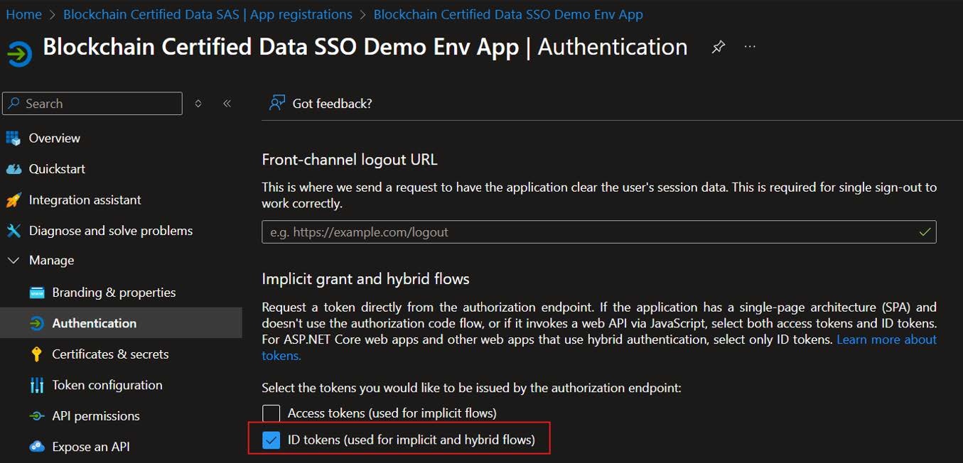 Screenshot of the Authentication settings showing ID tokens checked