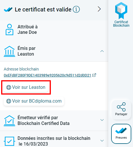 Exemple de lien dans les preuves d'un certificat